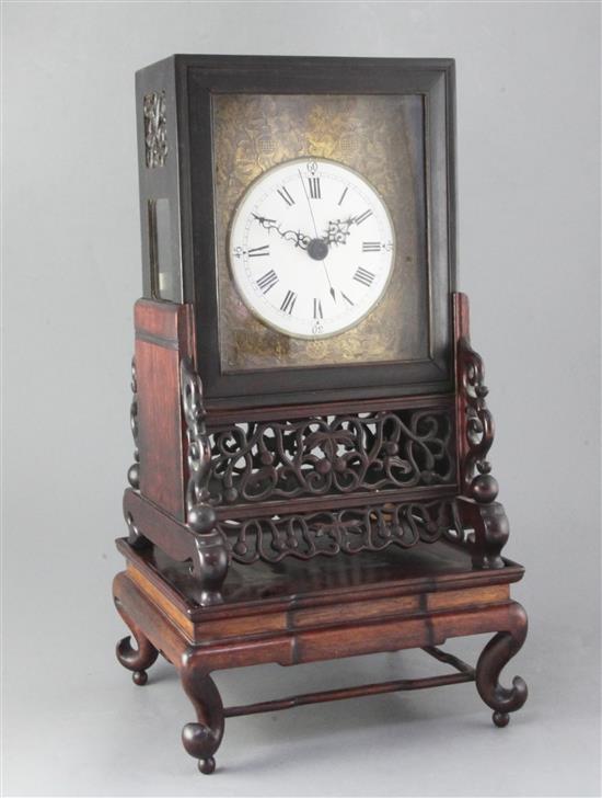 A 19th century Chinese hardwood mantel clock, 20in.